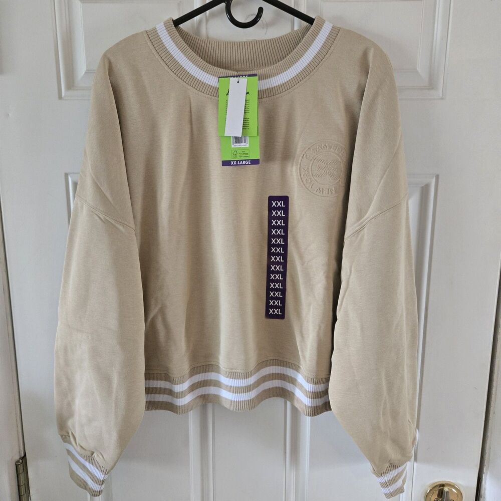 Sam Edelman Womens XXL Logo Fleece Sweatshirt Taupe Striped Crewneck NWT